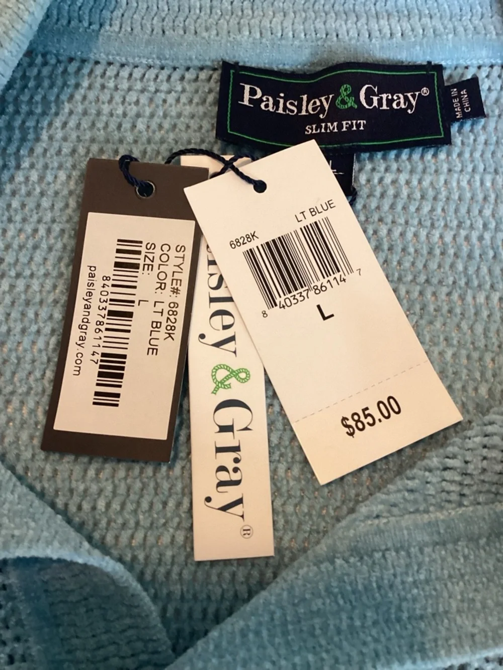 Paisley & Gray Men’s Large Open Knit Johnny Collar Polo Light Blue Chenille NWT